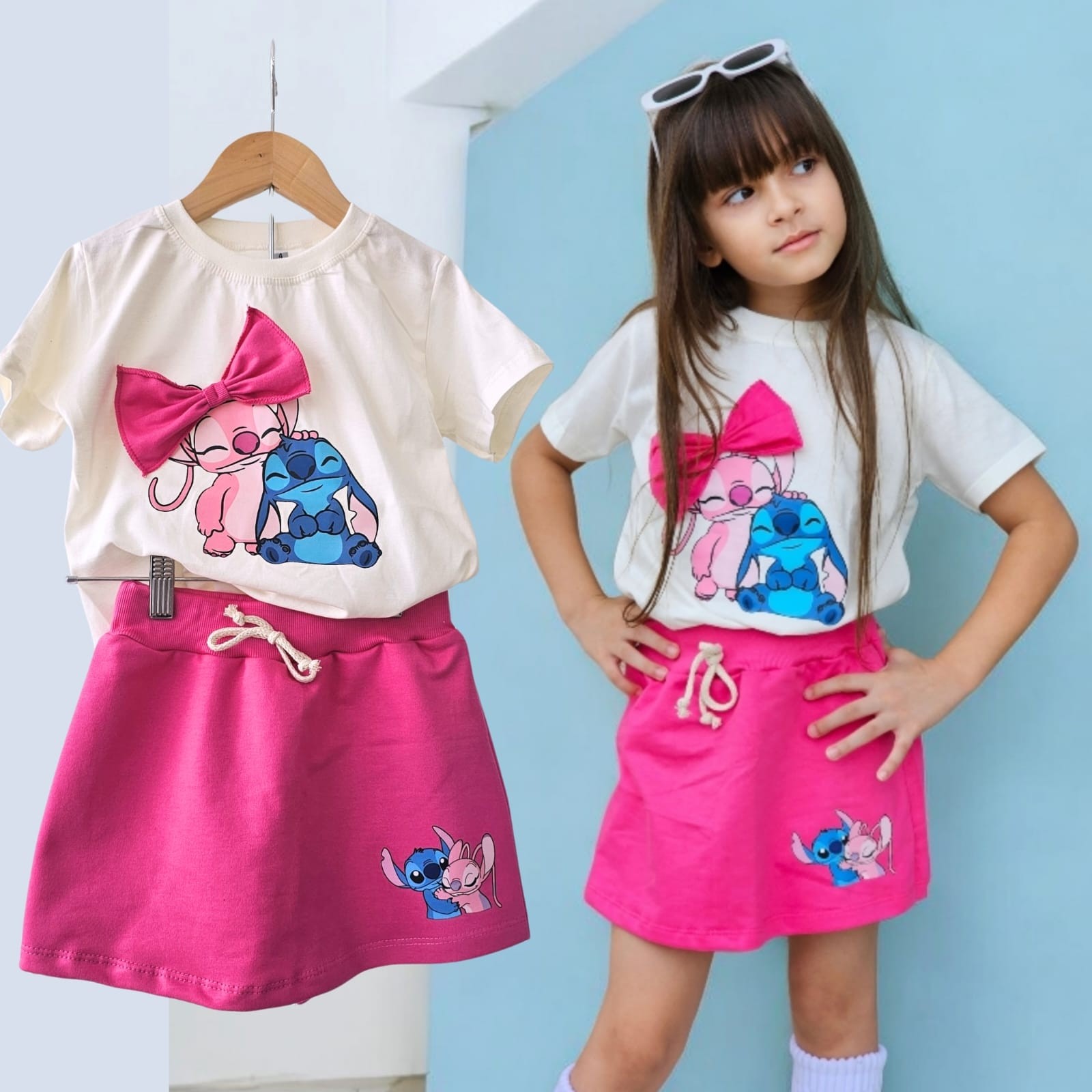 Conjunto verão pink angel e stitch laçi