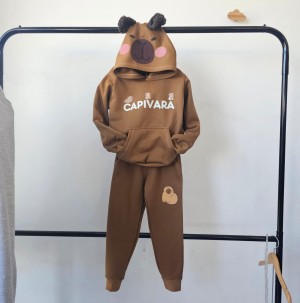 conjunto moletom marrom capivara capuz 3D
